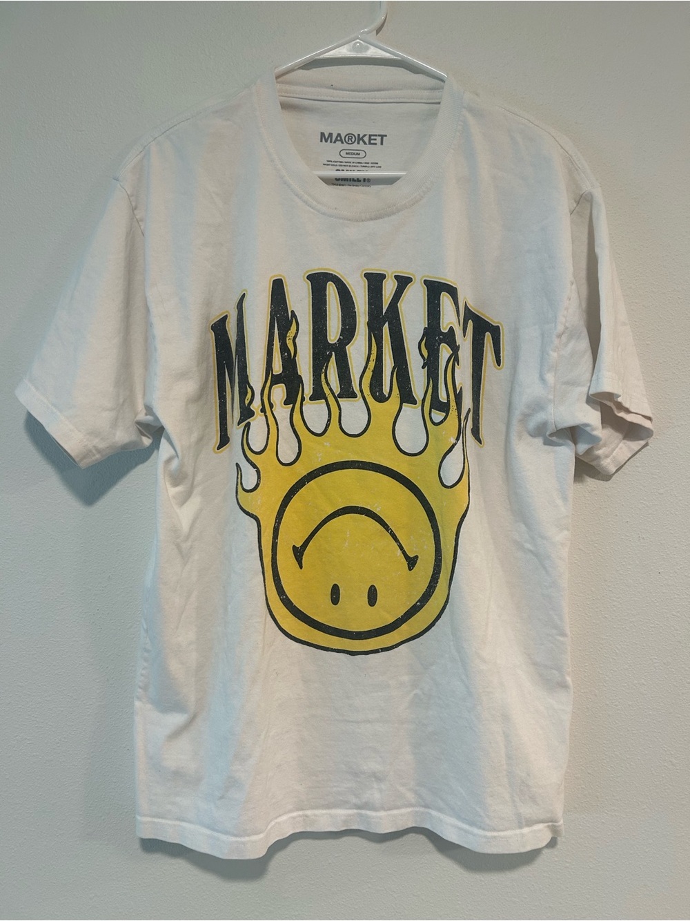 Arket White Short-Sleeve Tee with Yellow Flame Smiley Graphic